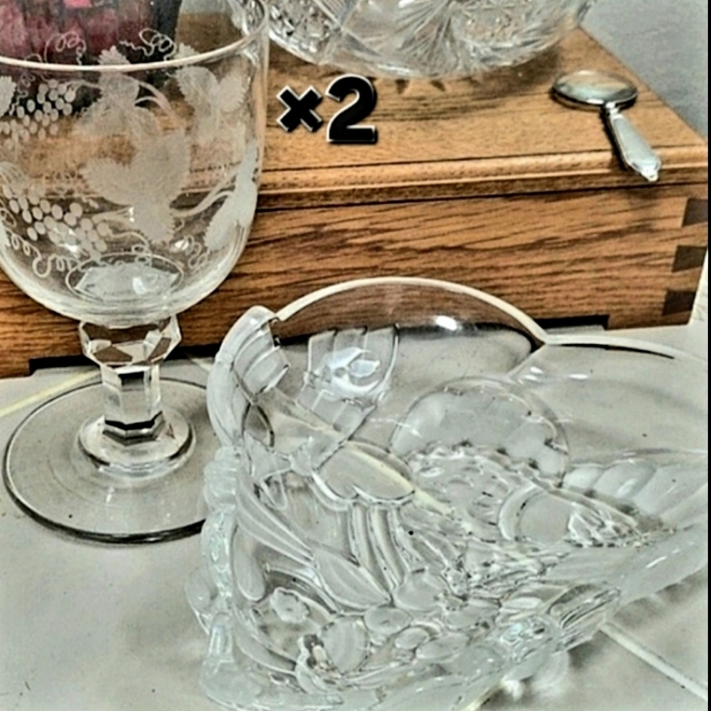 x3 Set Chocolates And 2 Wine Lead Crystal Cut Stem Lg Glass Frosted Etched Dish